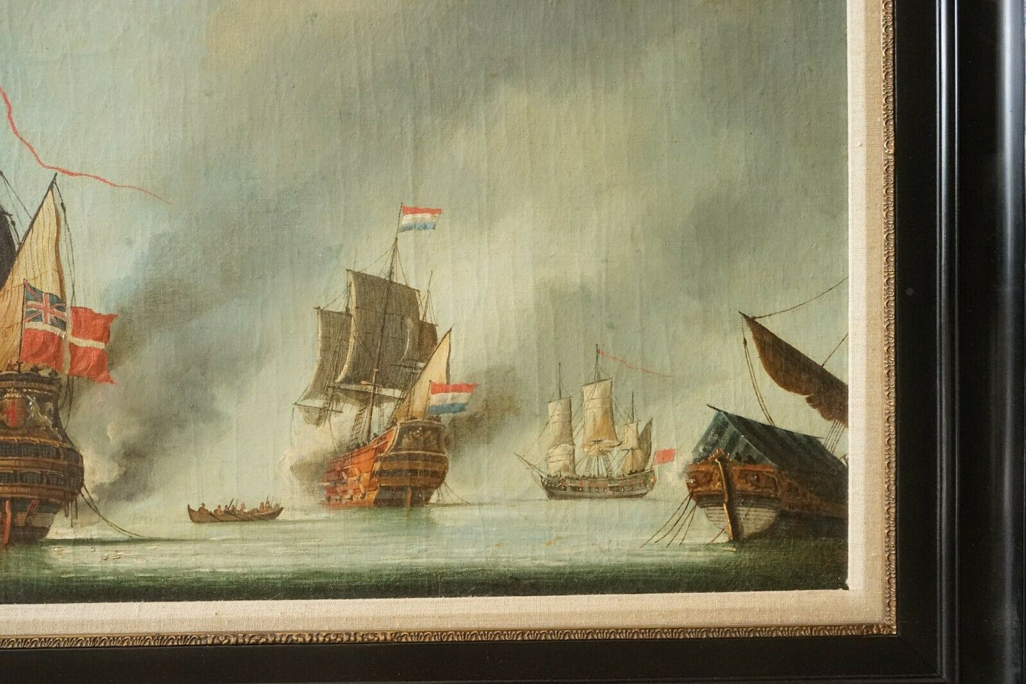 18th - 19th Century Dutch Anglo War Naval Battle Scene Oil on Board
