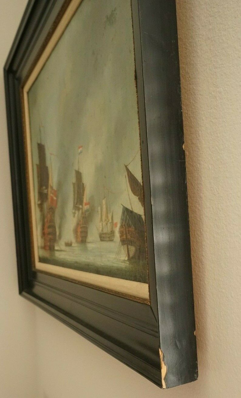 18th - 19th Century Dutch Anglo War Naval Battle Scene Oil on Board