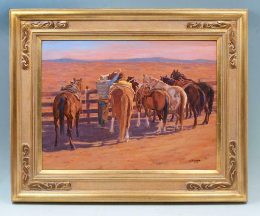 Cowboy "Early Morning Start" by Richard Galusha Western Landscape Oil on Board