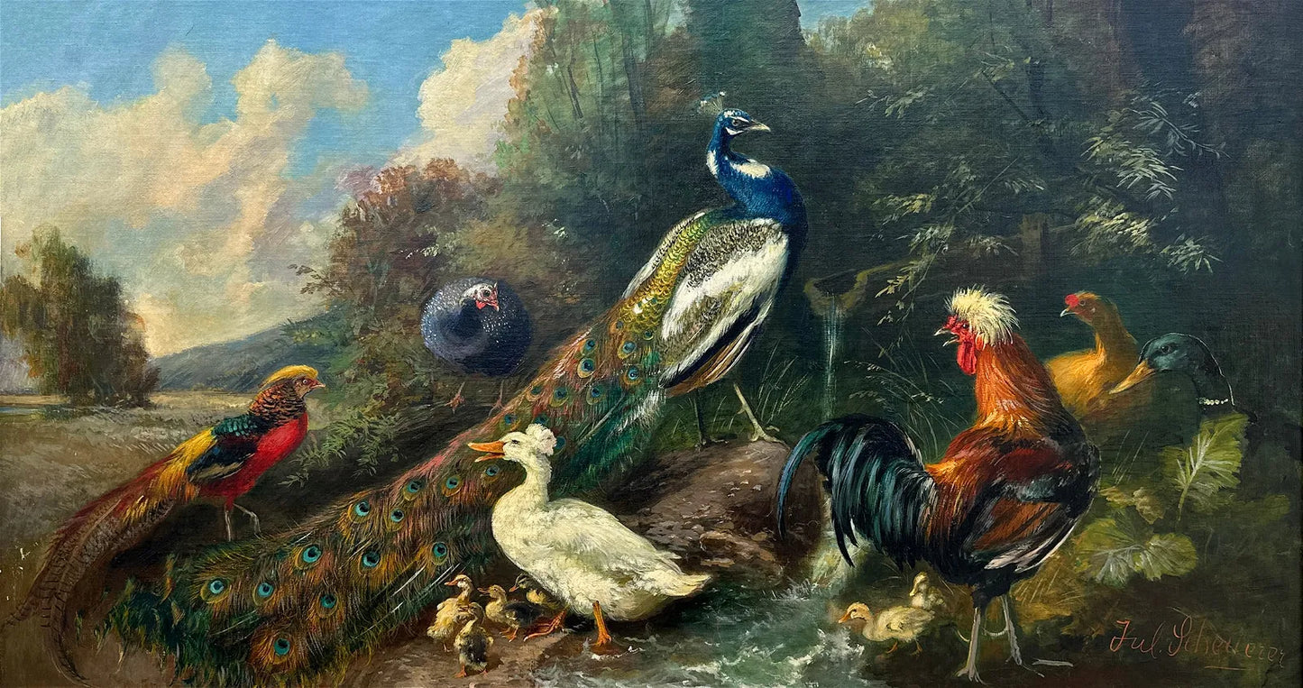 Painting Bird Kingdom Julius Scheuerer German 1859-1913  LARGE 27.5 x 49 Inches Oil on Canvas