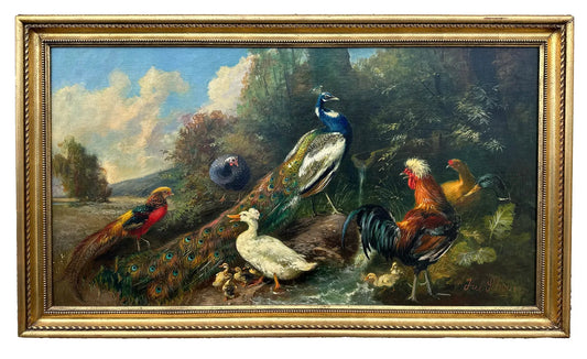 Painting Bird Kingdom Julius Scheuerer German 1859-1913  LARGE 27.5 x 49 Inches Oil on Canvas