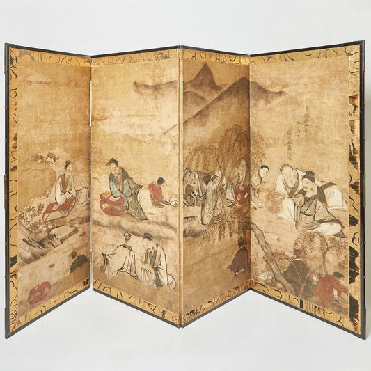 Genroku, circa 1702 Japanese Four-Fold Byoyu Screen Scholars Party Mountain Landscape 67 Inches