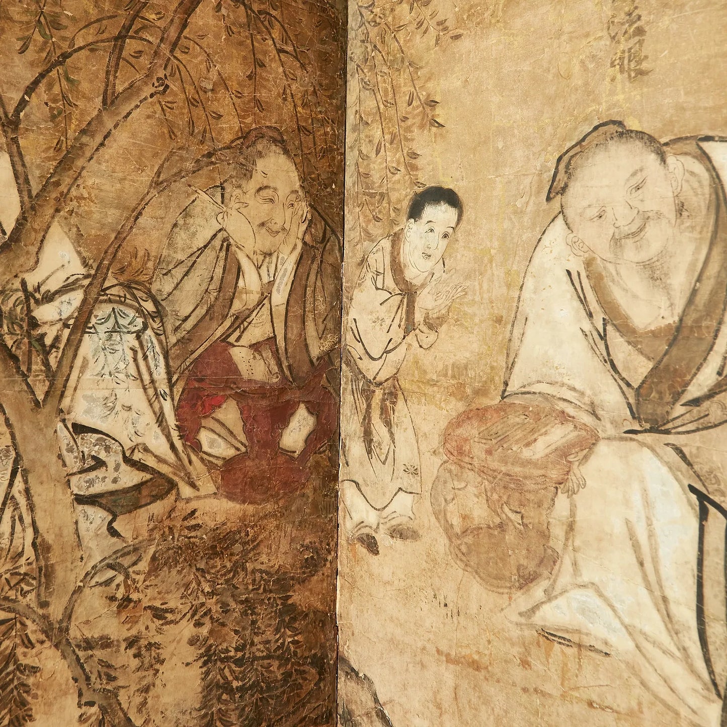 Genroku, circa 1702 Japanese Four-Fold Byoyu Screen Scholars Party Mountain Landscape 67 Inches