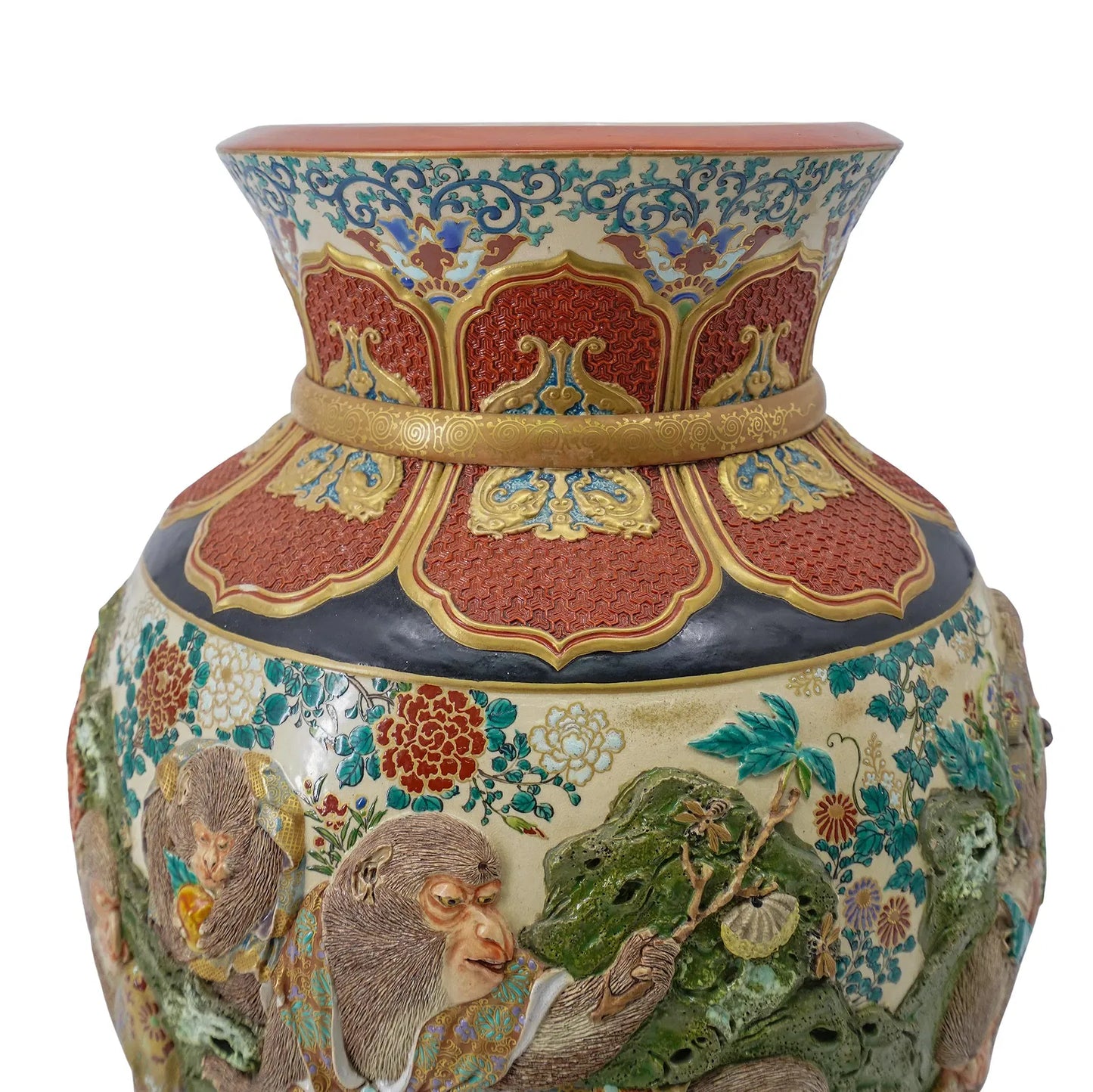 Japanese Satsuma, Kyoto Ware Raised Monkey Vase