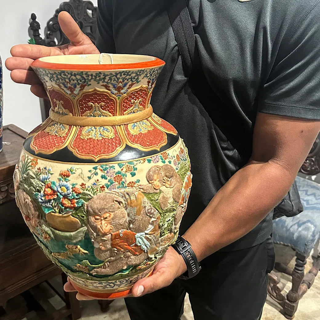 Japanese Satsuma, Kyoto Ware Raised Monkey Vase