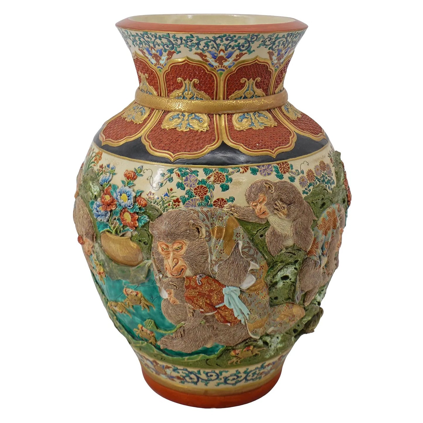 Japanese Satsuma, Kyoto Ware Raised Monkey Vase