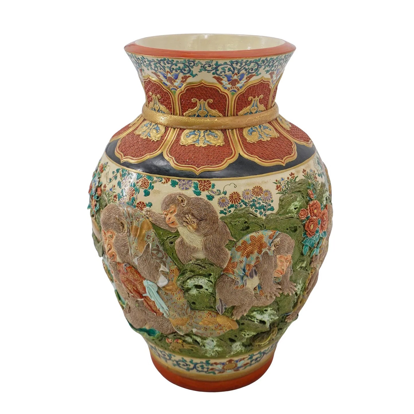 Japanese Satsuma, Kyoto Ware Raised Monkey Vase