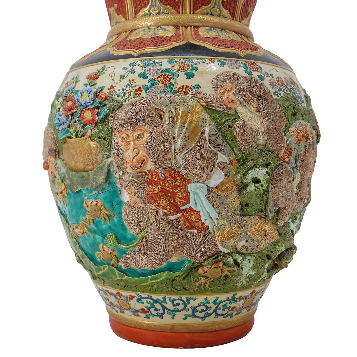 Japanese Satsuma, Kyoto Ware Raised Monkey Vase