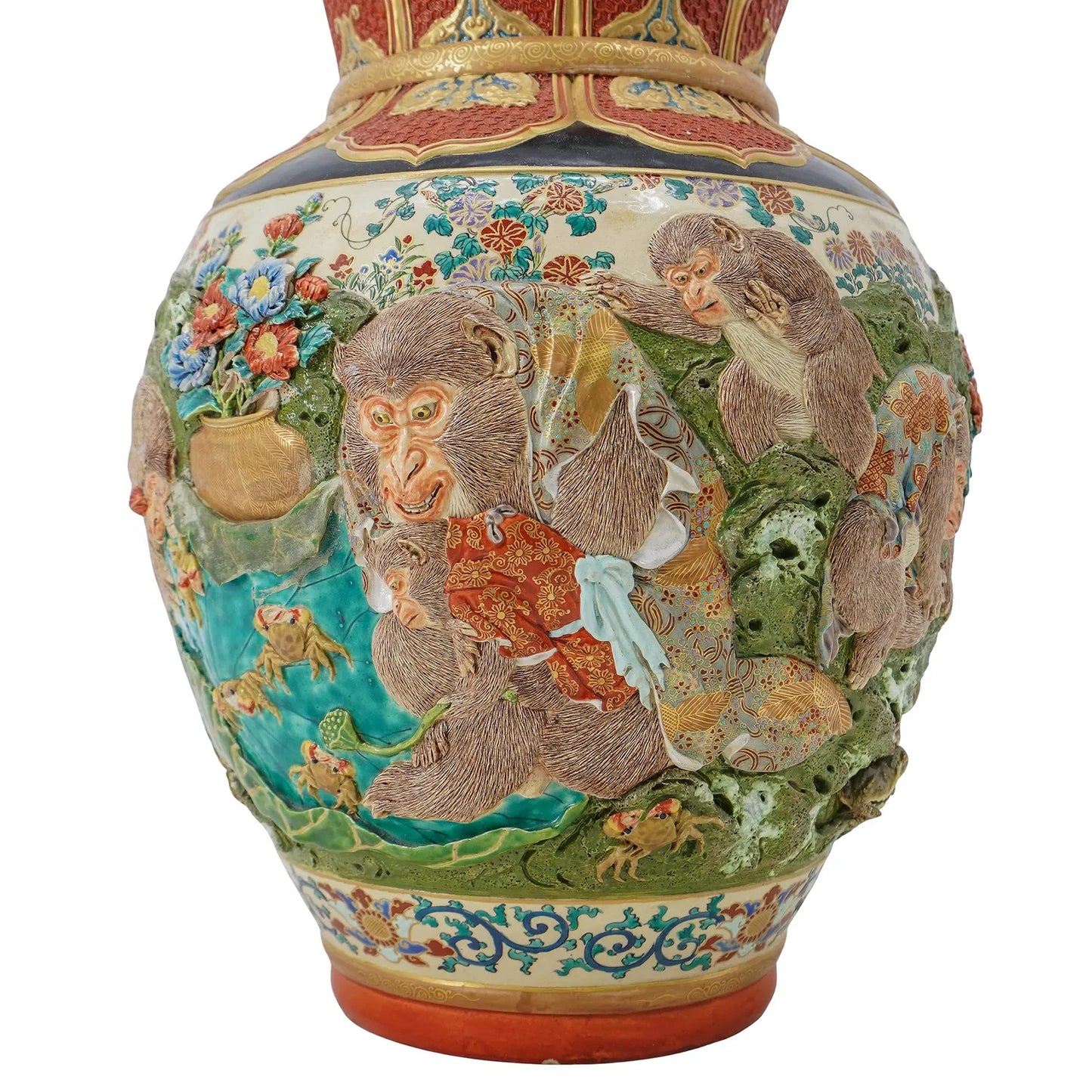 Japanese Satsuma, Kyoto Ware Raised Monkey Vase
