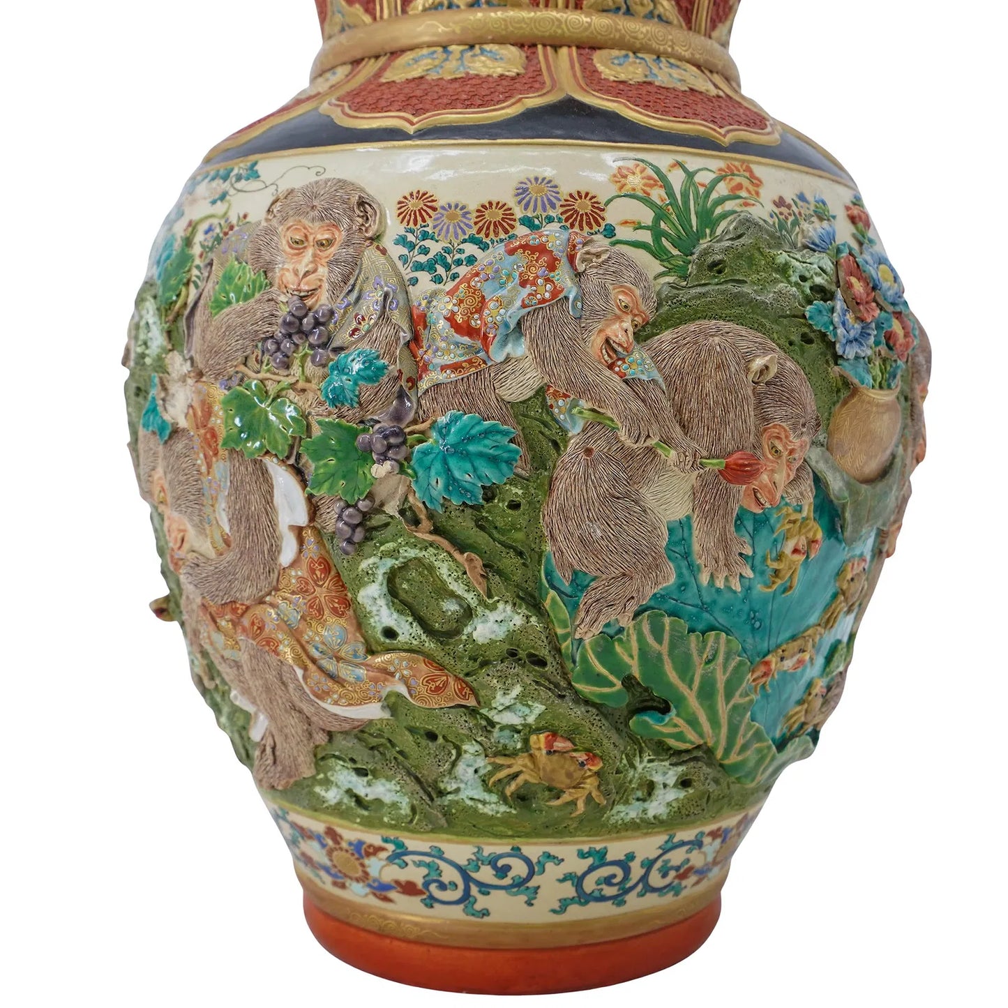 Japanese Satsuma, Kyoto Ware Raised Monkey Vase