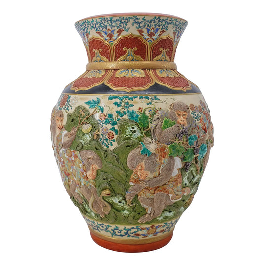 Japanese Satsuma, Kyoto Ware Raised Monkey Vase