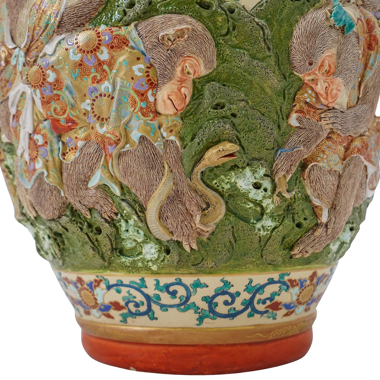 Japanese Satsuma, Kyoto Ware Raised Monkey Vase