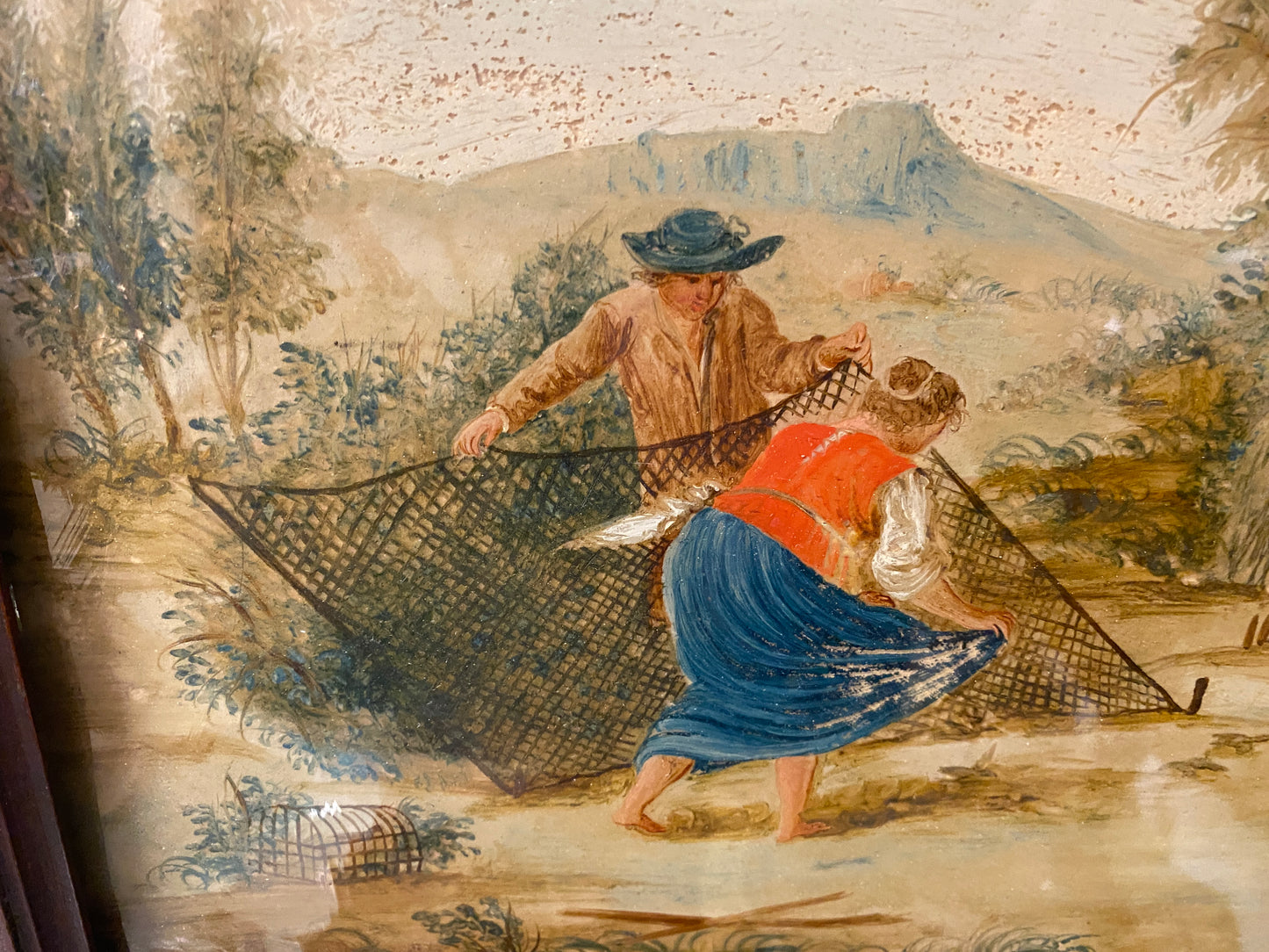 18th / 19th Century Chinese Export Reverse Painting on Glass European Bird Catchers Scene