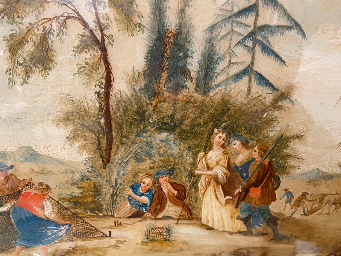 18th / 19th Century Chinese Export Reverse Painting on Glass European Bird Catchers Scene