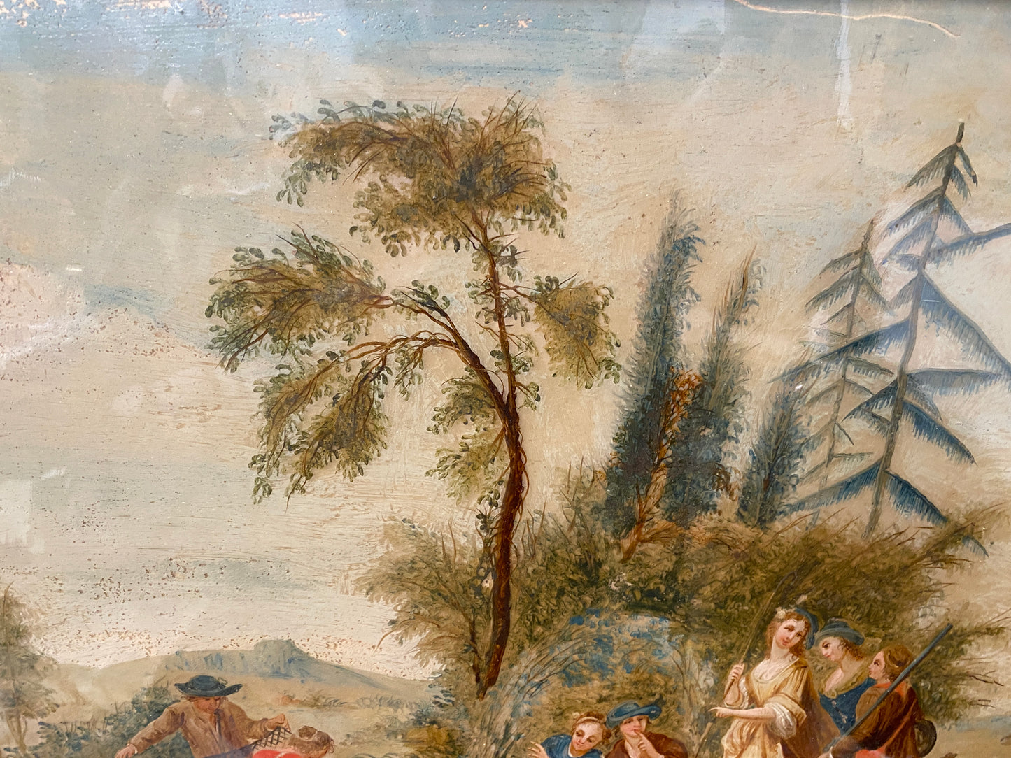 18th / 19th Century Chinese Export Reverse Painting on Glass European Bird Catchers Scene