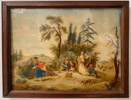 18th / 19th Century Chinese Export Reverse Painting on Glass European Bird Catchers Scene