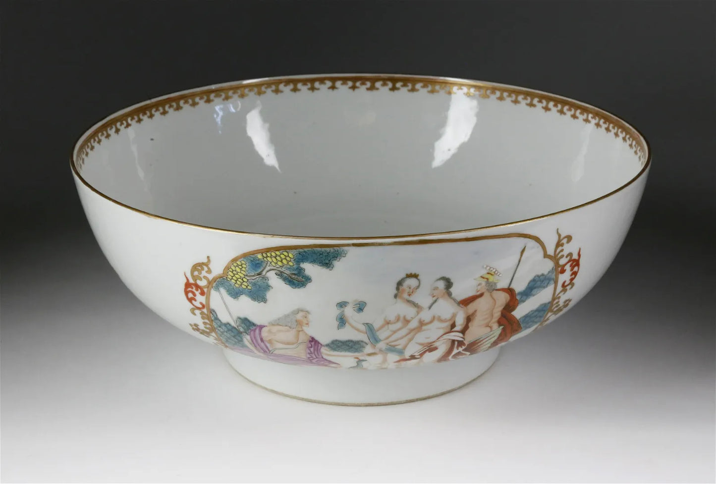 18th Century Chinese Export Famille Rose "Judgement of Paris" Punchbowl" 11 3/8 Inches in Diameter