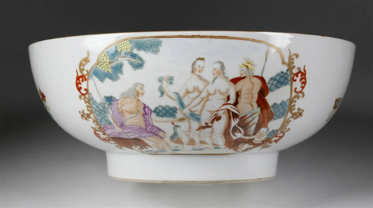 18th Century Chinese Export Famille Rose "Judgement of Paris" Punchbowl" 11 3/8 Inches in Diameter