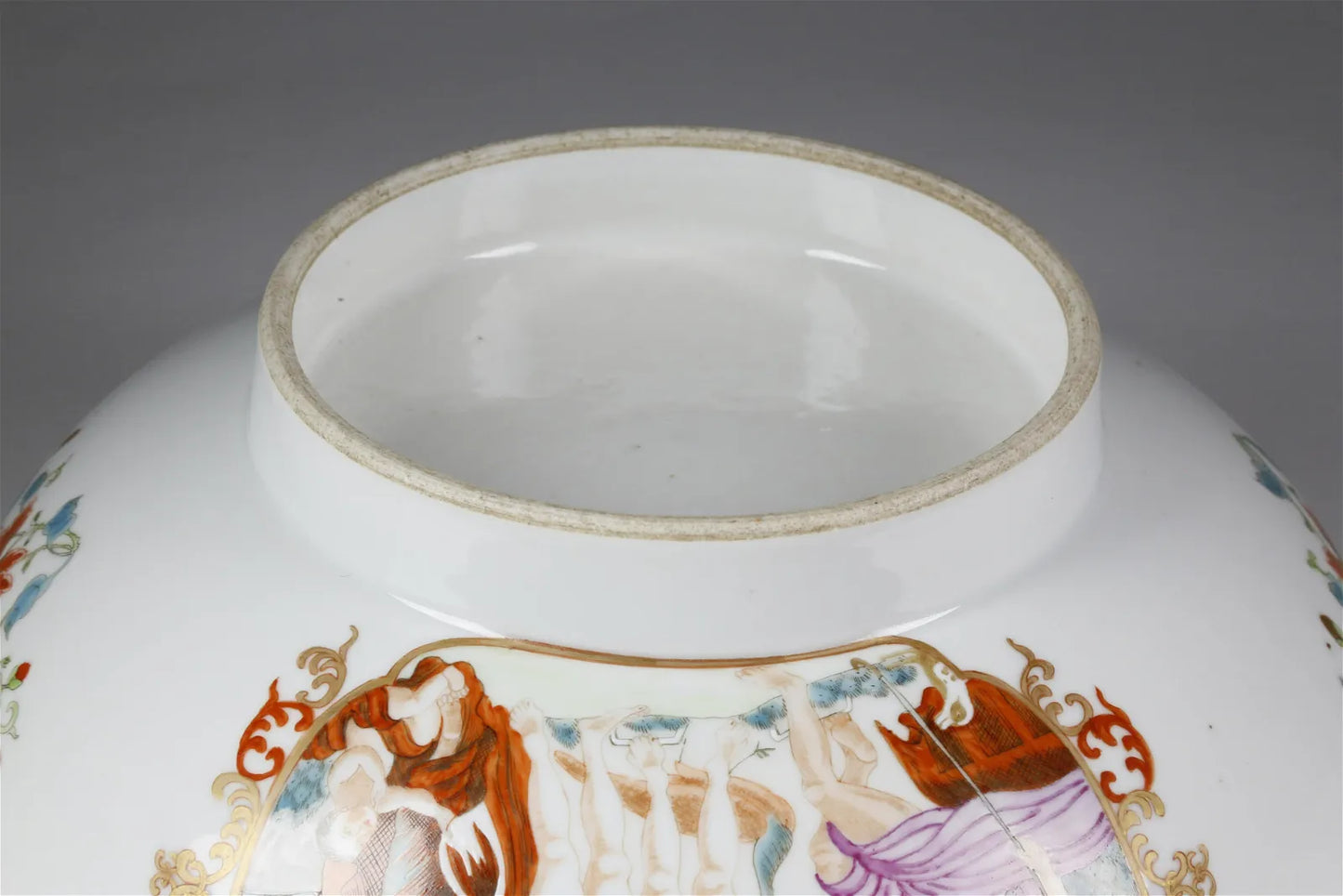 18th Century Chinese Export Famille Rose "Judgement of Paris" Punchbowl" 11 3/8 Inches in Diameter