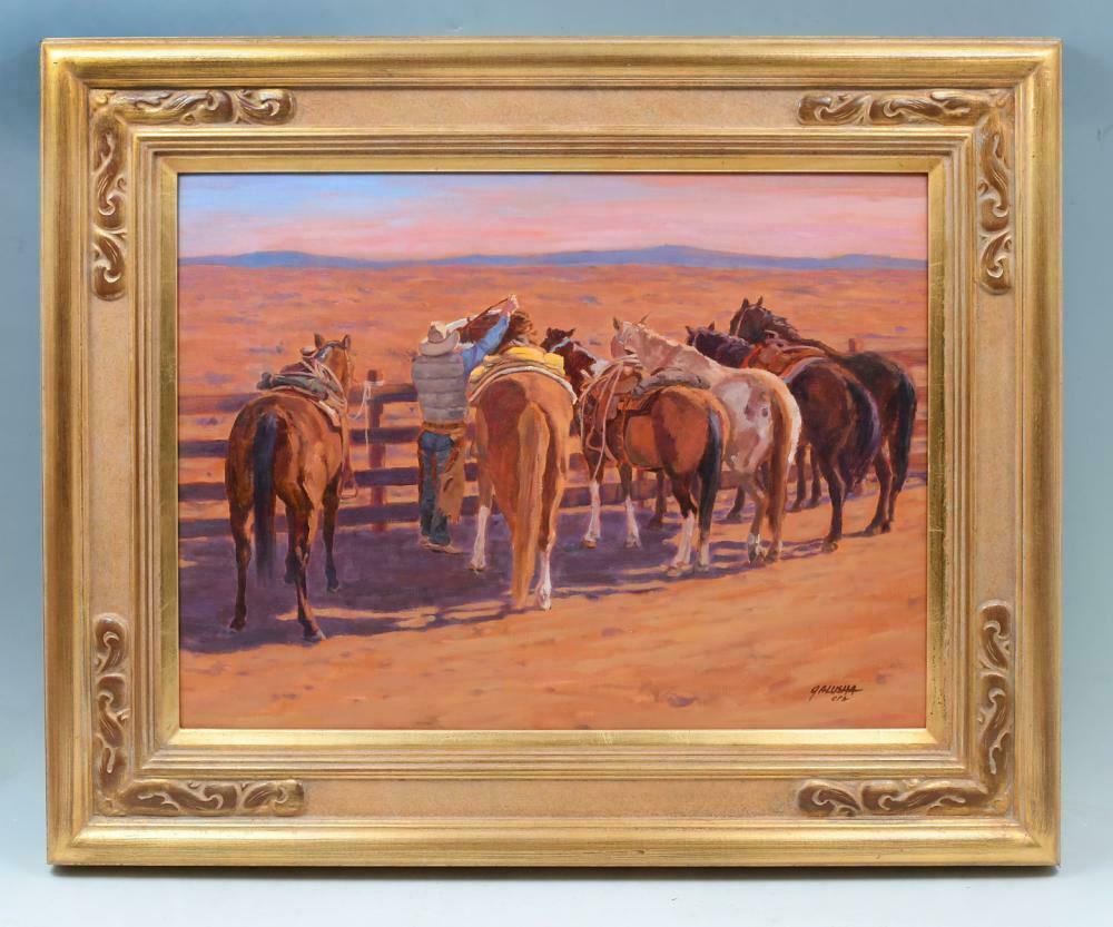 Cowboy "Early Morning Start" by Richard Galusha Western Landscape Oil on Board